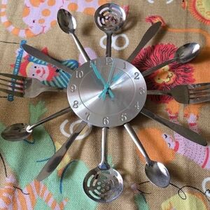 Kitchen Utensil Wall Clock with Teal Hands